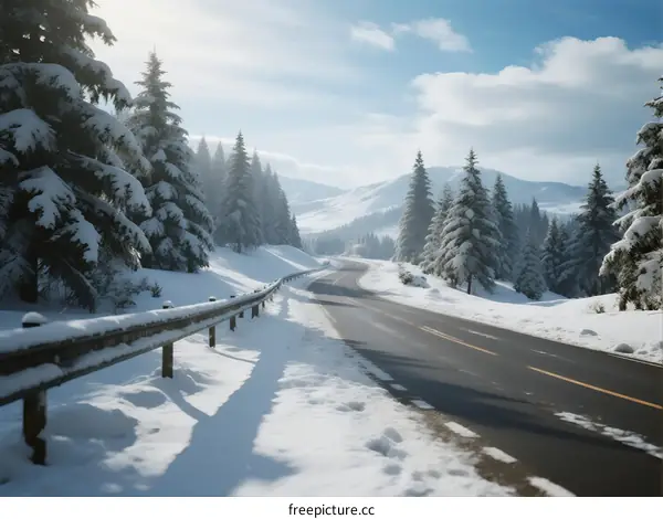 A Snow-covered Road Surrounded by Tall Pine Trees Under a Clear Sky