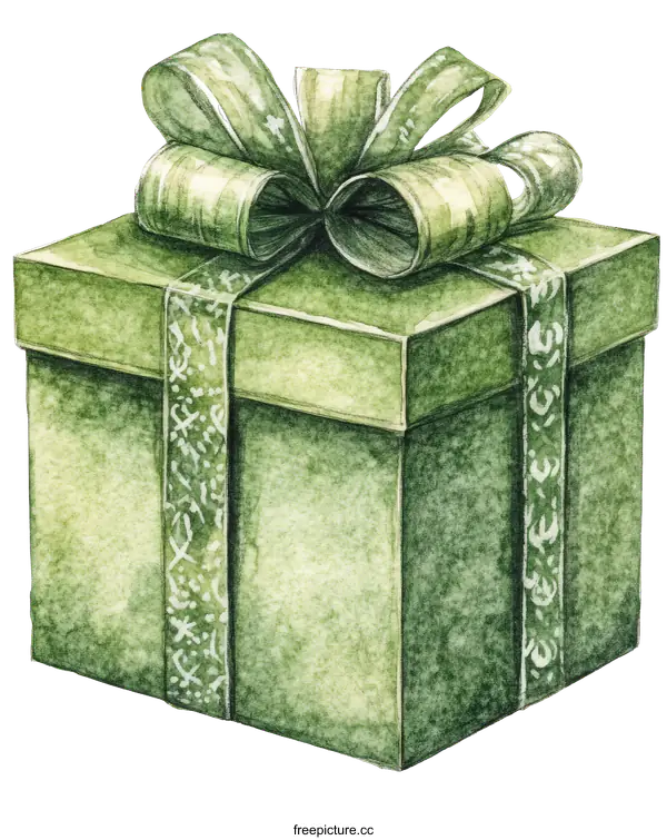 [Transparent Background PNG]Watercolor Gift Box with a Green Ribbon