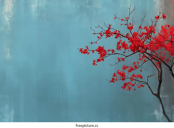 Red Flowers Branch on Blue Background Illustration