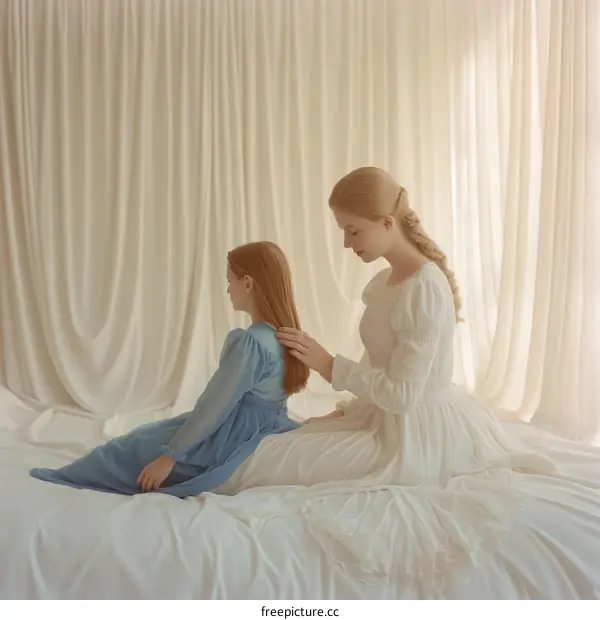 An illustration of a mother and her daughter sitting on a bed