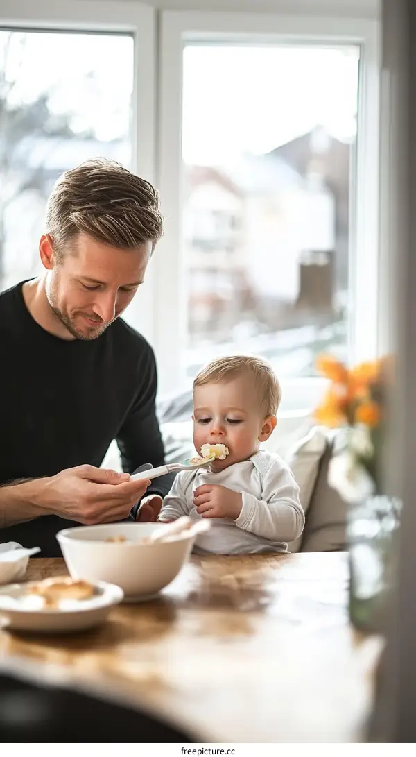 Father Feeding Baby Breakfast at Home