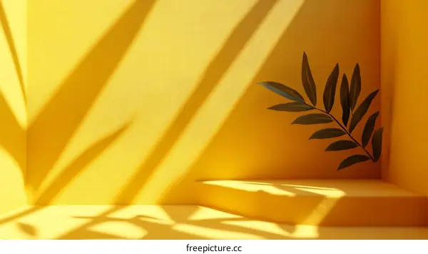 Sunny Yellow Minimalist Abstract Background with Plant Shadow