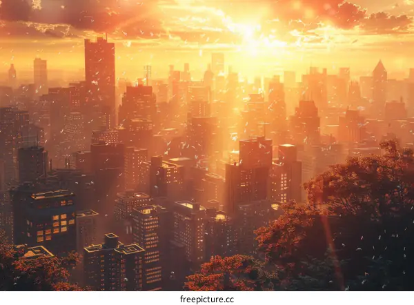 Cityscape with Sunset and Confetti