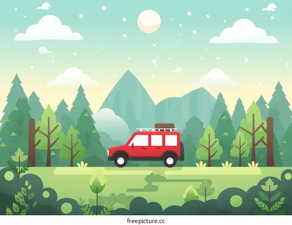 Red Car Driving Through Forest Landscape Illustration