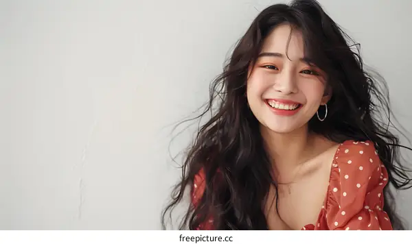 Smiling Asian Woman With Long Black Hair and Polka Dot Dress