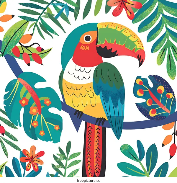 Tropical Toucan Illustration With Floral Background