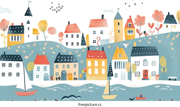 Colorful Illustrated Houses and Boats on a Hilltop