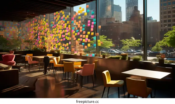 A modern office space with a wall of sticky notes