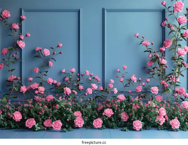 Pink roses in front of a blue background