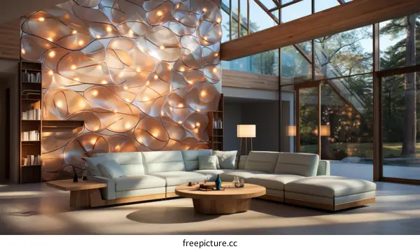 Modern living room interior design with curved wall and large windows