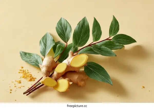 Fresh Ginger Root with Green Leaves on a Pale Yellow Background