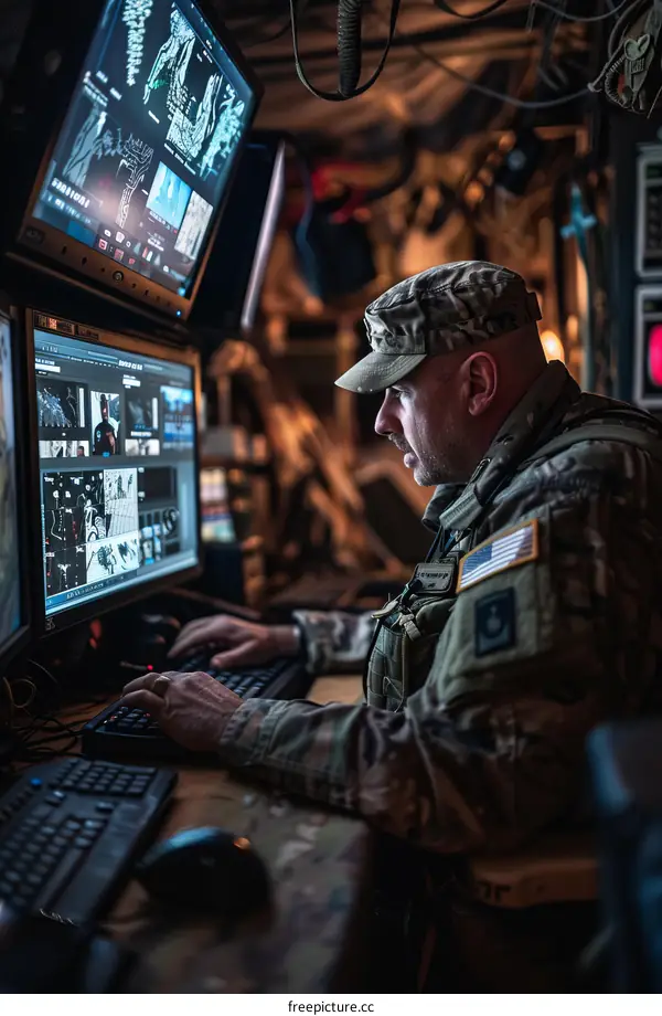 A soldier works at a computer in a dark room.