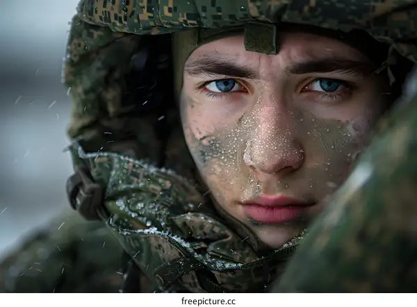 Portrait of a young soldier with blue eyes and a dirty face