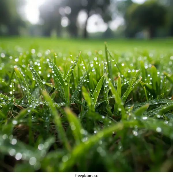 Close-up of green grass with dew drops in the morning sun