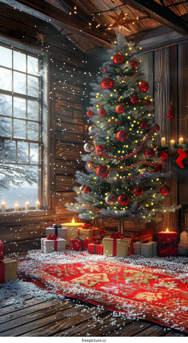 Cozy Christmas Tree in Rustic Wooden Cabin