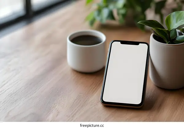 Coffee, Plants and Phone on a Wooden Table