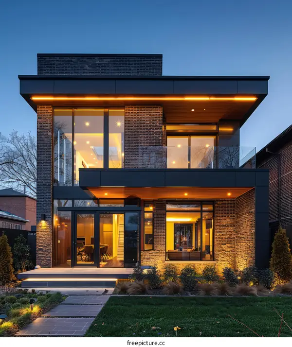 Stunning modern home exterior with brick and large windows