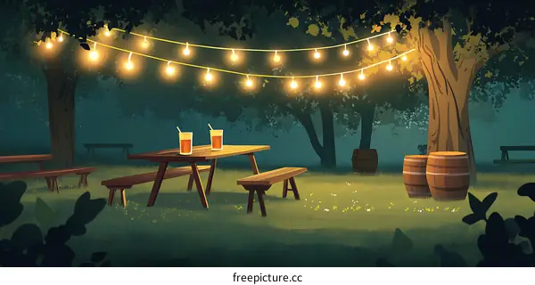 Night Picnic in the Forest with String Lights