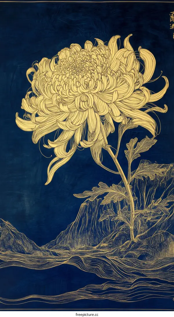 Golden Chrysanthemum in a Blue Landscape Illustration