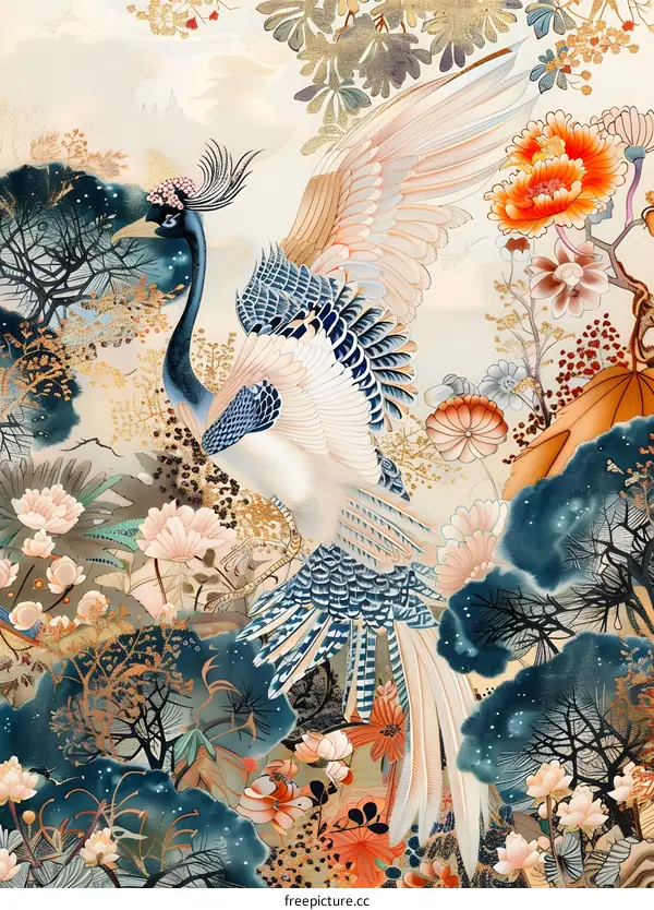 Watercolor Painting of a Bird Flying in a Garden
