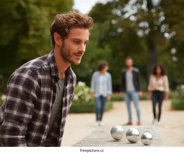 Man Playing Pétanque in Park with Friends