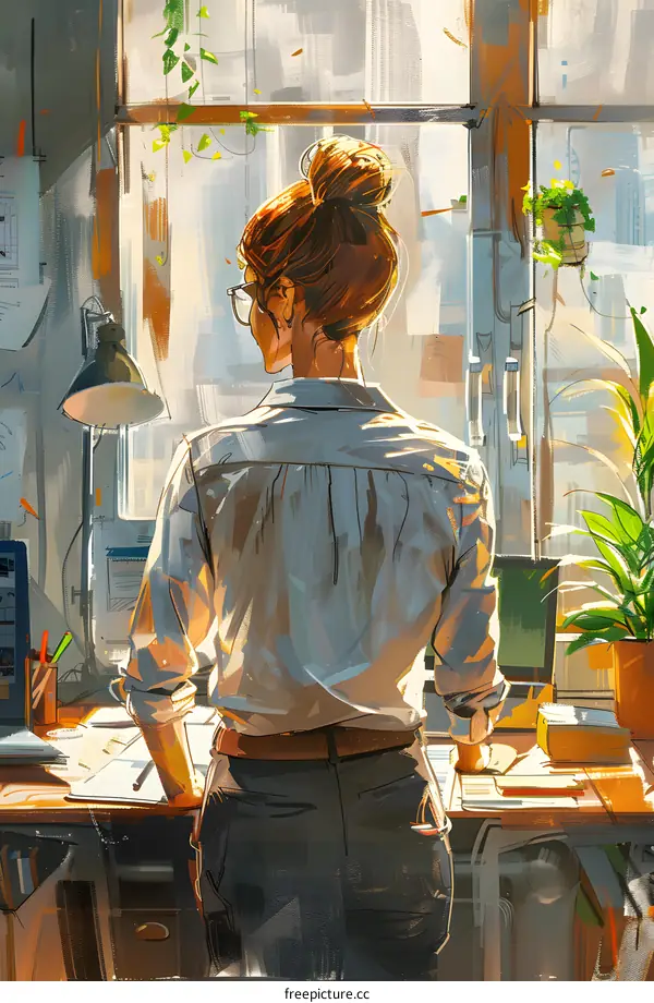 Woman Standing at Desk Looking Out Window