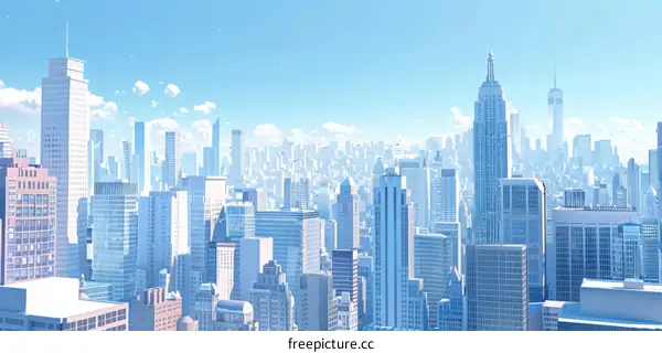 A Cityscape of a Fictional City with Tall Buildings and a Blue Sky