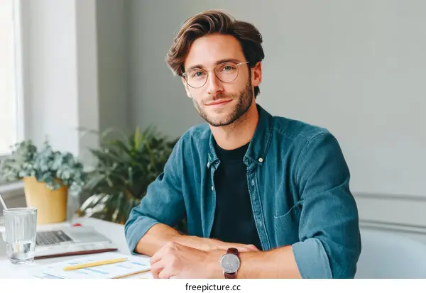 Caucasian Man Working at Desk