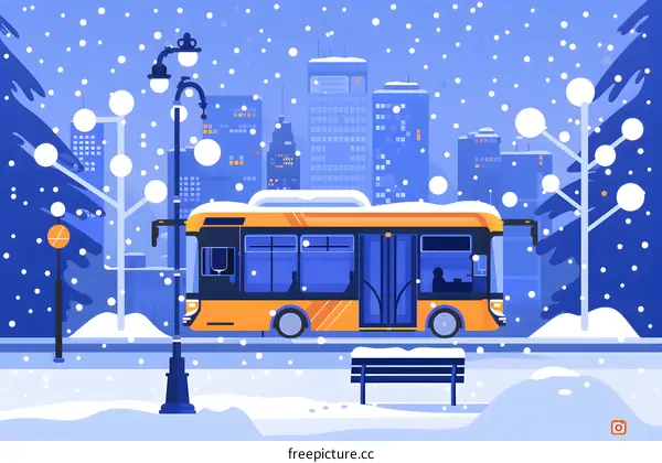 Snowy Cityscape with a Bus Stop