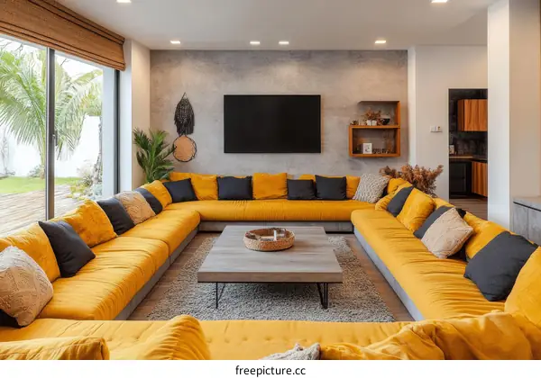 Modern Mustard Yellow Sectional Sofa in a Contemporary Living Room