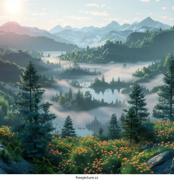 Misty Mountain Forest Landscape with Lake and Flowers