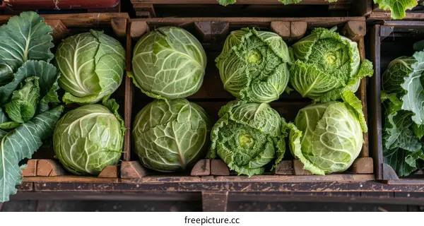 Fresh Green Cabbages in Wooden Crates at a Farmer's Market
