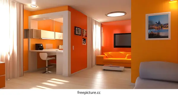 Orange Living Room Interior Design with Modern Furniture