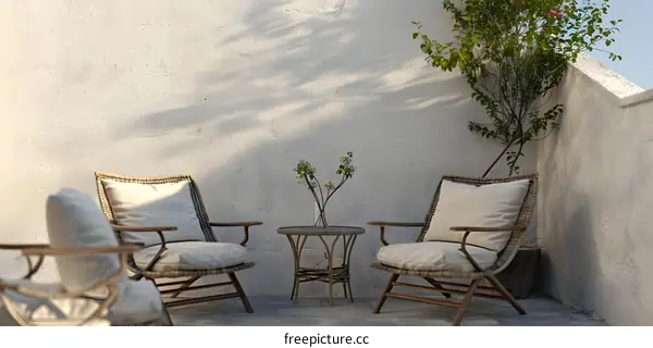 White Wall Patio With Chairs and Flowers