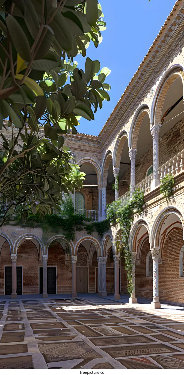 Spanish Courtyard with Brick Walls and Arched Columns