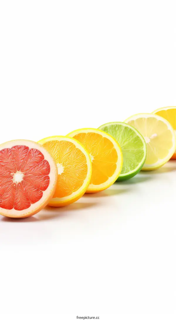 Various citrus fruits are lined up in a row