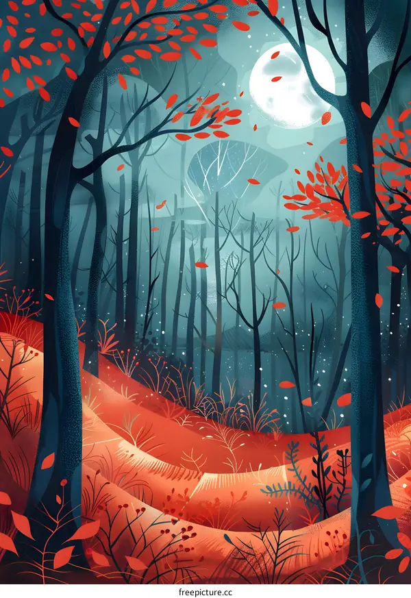 Autumn Forest Illustration with Moon and Red Leaves