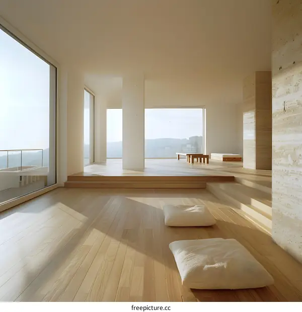 Modern Minimalist Living Room with Wooden Floors and Large Windows