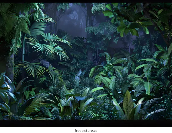 Jungle Night Background with Lush Green Plants and Fog
