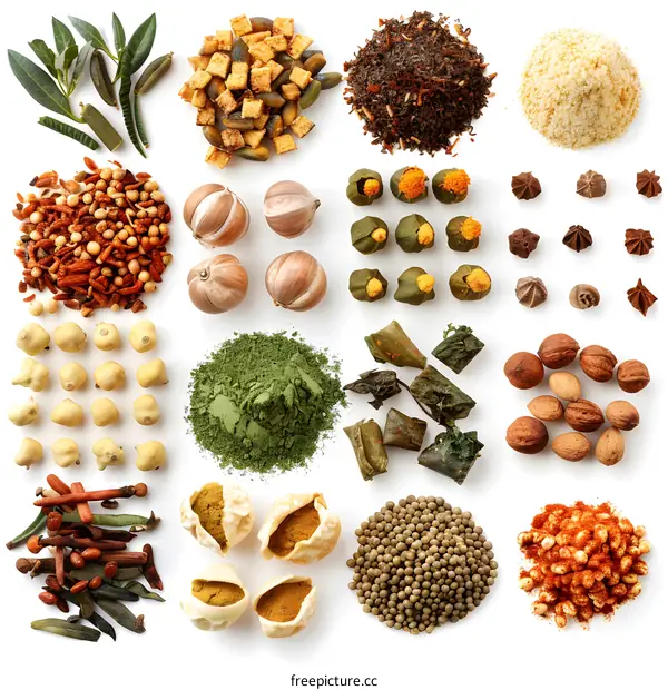 Assortment of Various Dried Herbs and Spices on White Background
