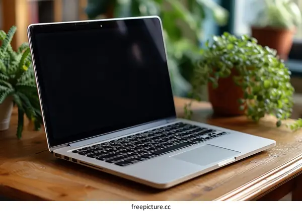 Minimalistic workspace with laptop and plants