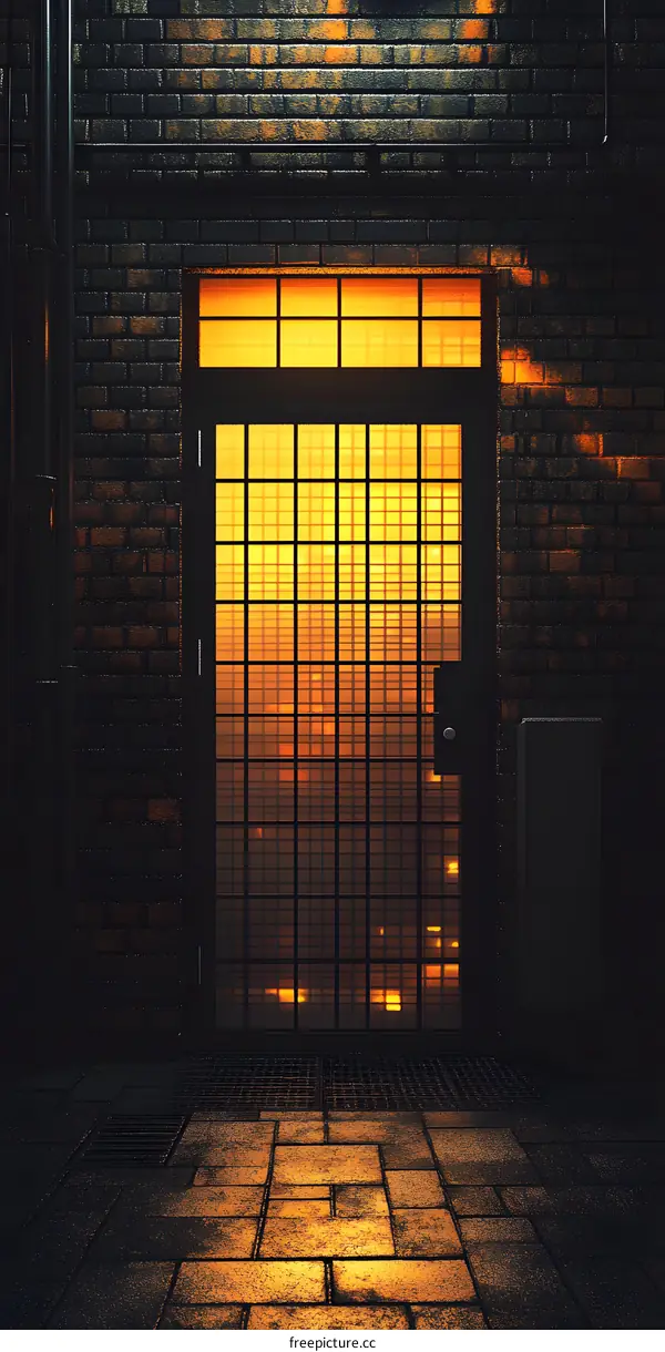 Nighttime View of an Iron Gate in a Brick Wall