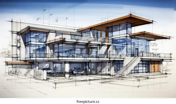 Modern house exterior design with large glass windows