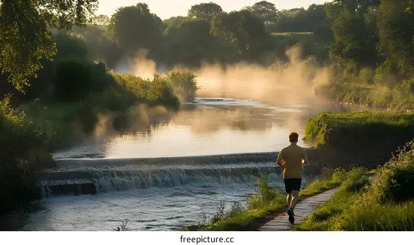 Man Running Along River Path With Mist