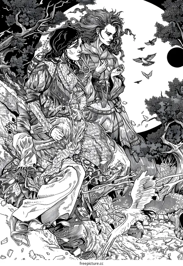 Two Women Standing on a Rock Cliff With Birds Flying Around a Moon