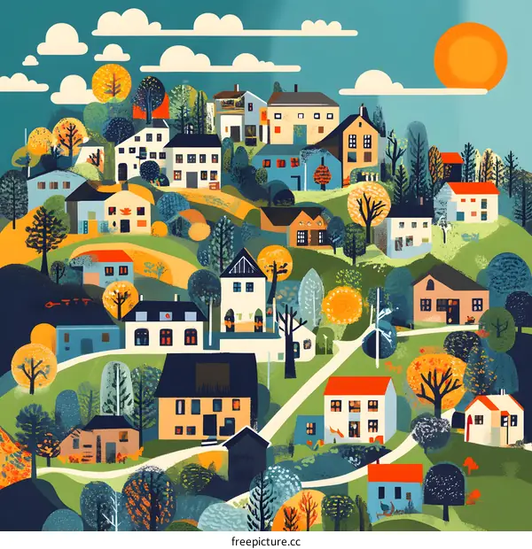 Colorful Illustration of a Town with Houses, Trees, and a Winding Road