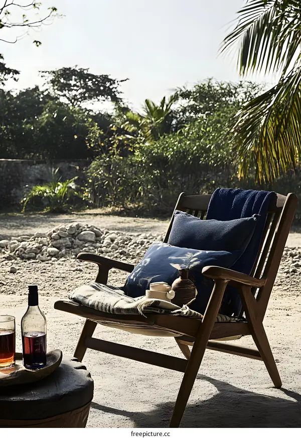 Relaxing Patio Chair with Cushions and Blanket in Outdoor Garden Setting