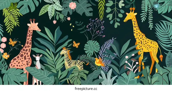 Jungle Animal Illustration With Giraffe, Zebra And Butterfly