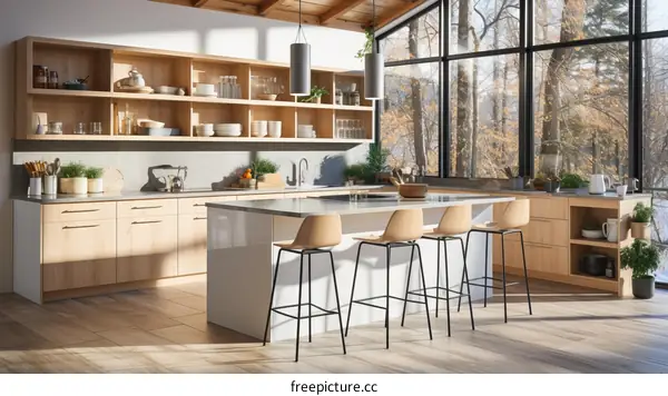 A beautiful kitchen with a large island and a view of the forest