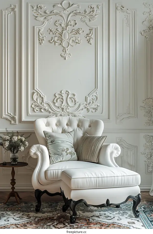 Elegant White Armchair and Ottoman Set in Luxurious Room